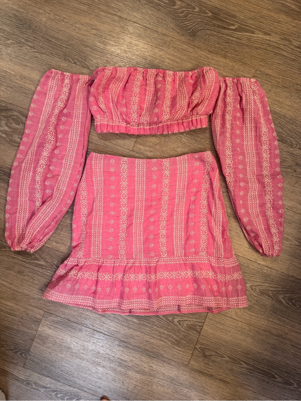 Pink Lily Pink Off-Shoulder Cropped Blouse with Long Puff Sleeves